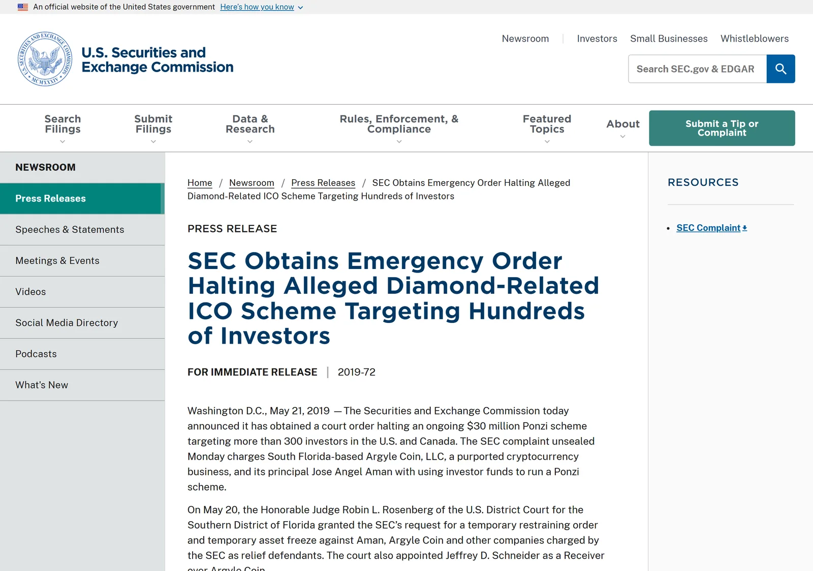 Снимок страницы U.S. Securities and Exchange Commission: SEC Obtains Emergency Order Halting Alleged Diamond-Related ICO Scheme Targeting Hundreds of Investors (Press Release 2019-72)