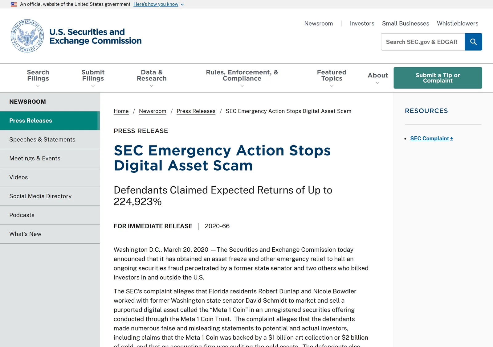 Снимок страницы U.S. Securities and Exchange Commission: SEC Obtains Emergency Relief, Charges Three Individuals With Defrauding Investors in Digital Asset Offering (пресс-релиз 2020-66)