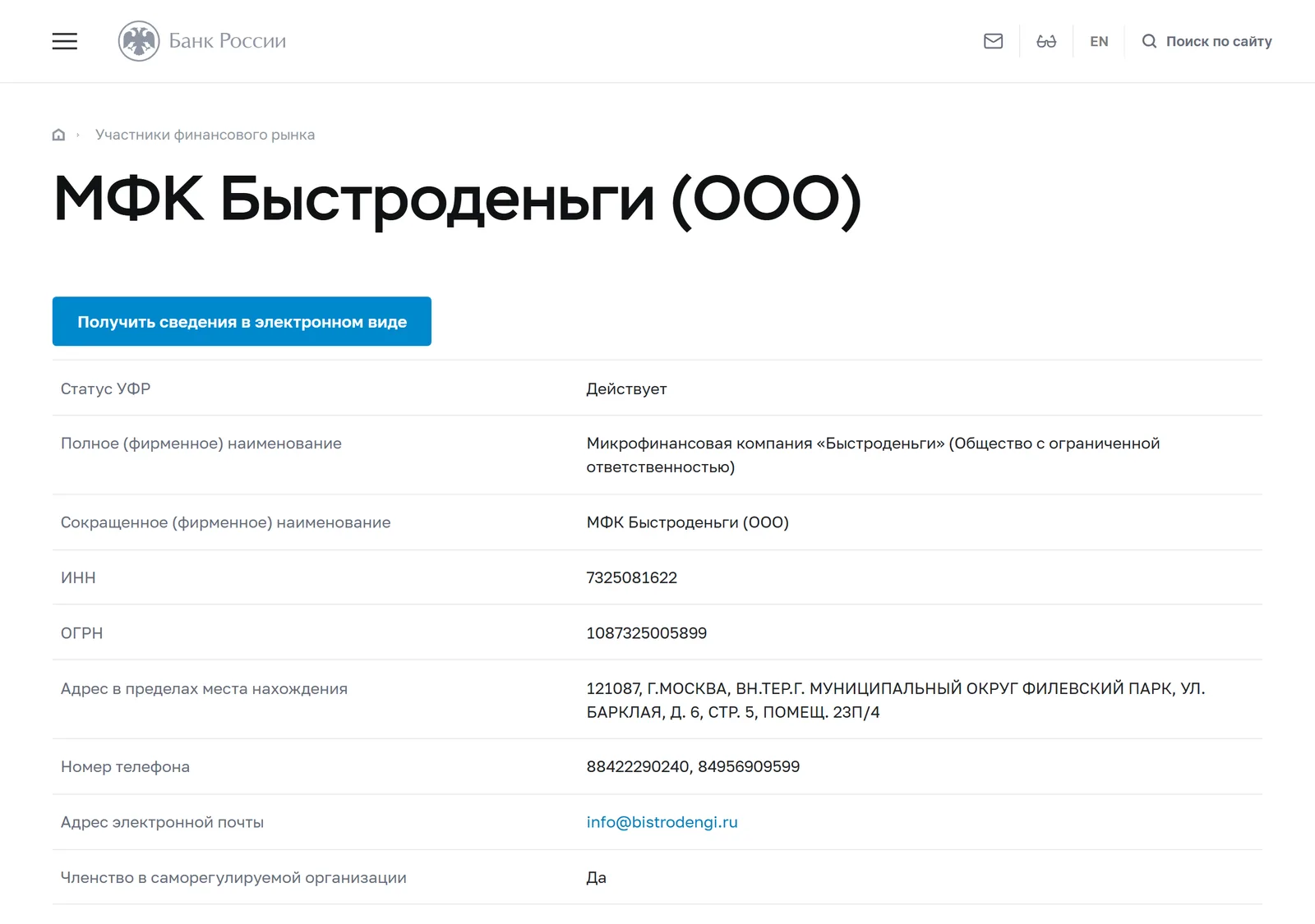 Снимок страницы Банк России: Справочник участников финансового рынка: МФК Быстроденьги (ООО)