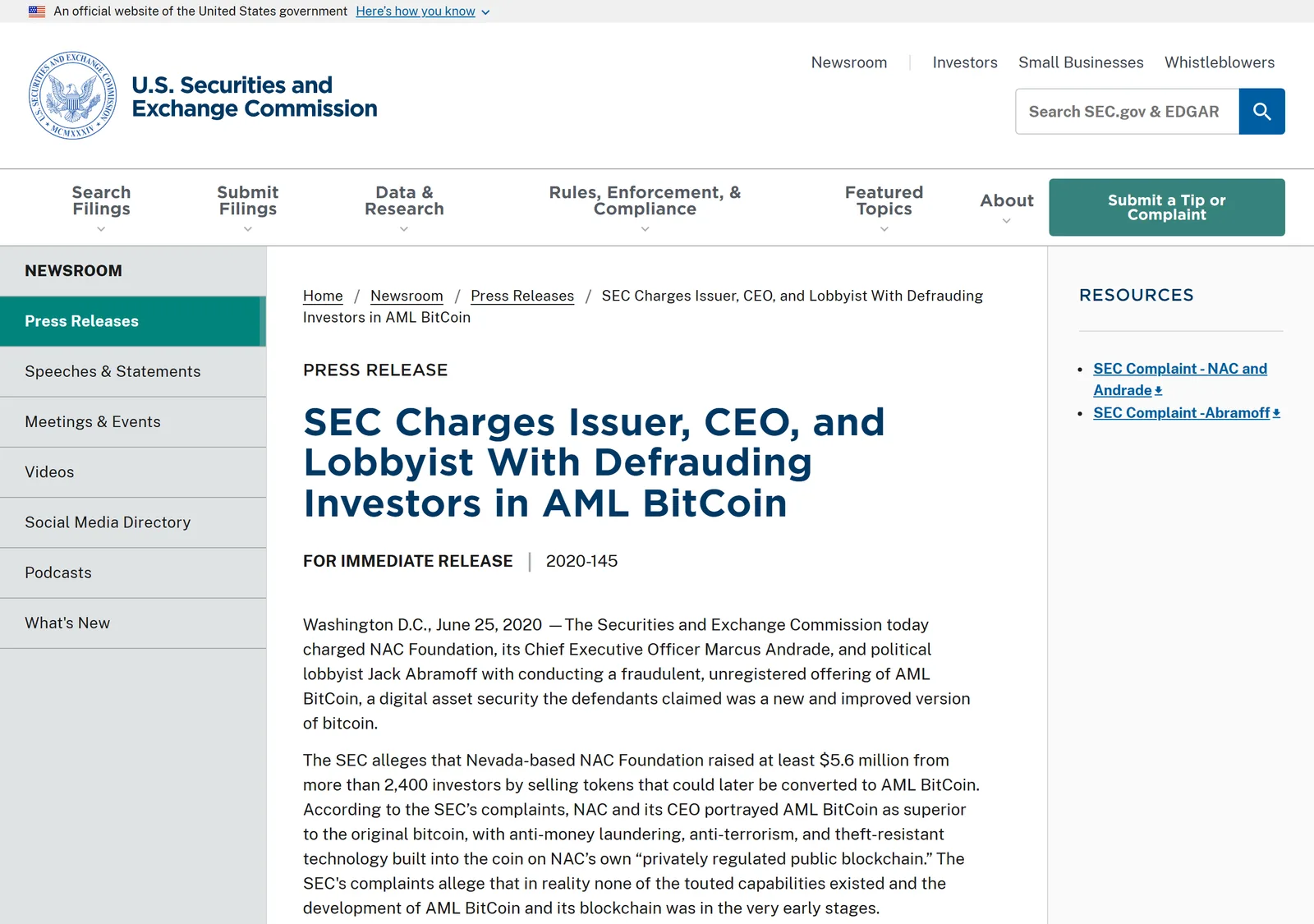 Снимок страницы U.S. Securities and Exchange Commission: SEC Charges Issuer, CEO, and Lobbyist With Fraudulent Offering of Digital Asset Securities (Press Release 2020-145)